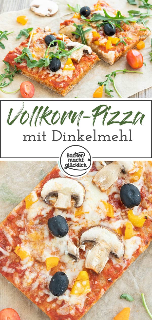 Ein einfaches Grundrezept für eine knusprige Vollkorn-Pizza vom Blech oder vom Pizzastein. Die gesunde Dinkelpizza lässt sich nach Belieben belegen und schmeckt auf jeden Fall der ganzen Familie. #pizza #vollkornpizza  #pizzateig #trockenhefe #dinkelpizza #backenmachtglücklich