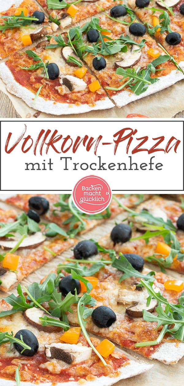 Ein einfaches Grundrezept für eine knusprige Vollkorn-Pizza vom Blech oder vom Pizzastein. Die gesunde Dinkelpizza lässt sich nach Belieben belegen und schmeckt auf jeden Fall der ganzen Familie. #pizza #vollkornpizza  #pizzateig #trockenhefe #dinkelpizza #backenmachtglücklich