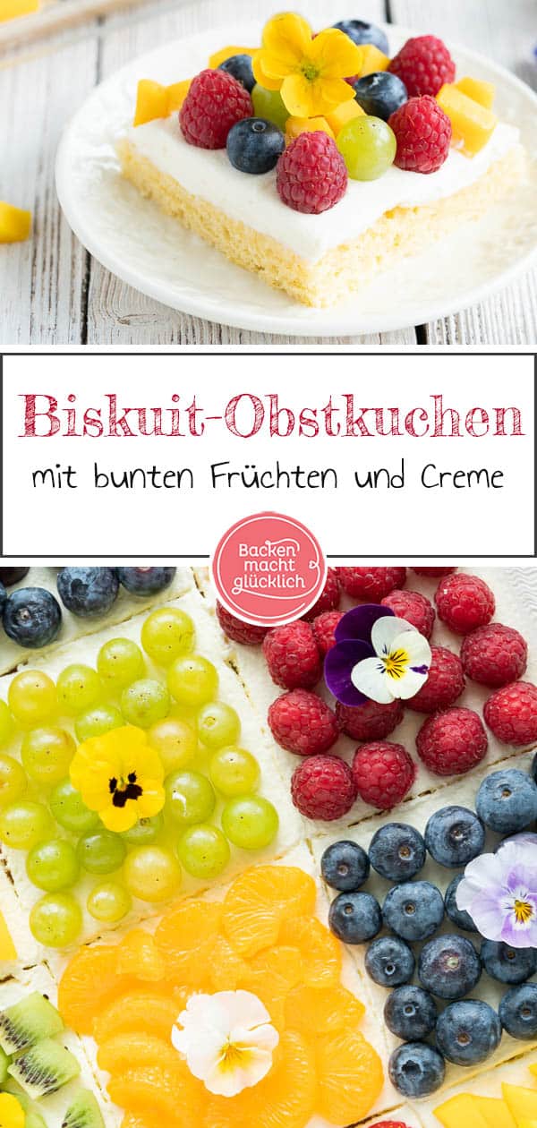 Diesen köstlichen Biskuit-Obstkuchen vom Blech mit bunten, frischen Früchten zu belegen macht richtig Spaß! Der gemischte Obstkuchen mit Quark ist ein köstlicher Hingucker und sorgt dabei für sommerliche Stimmung. #obstkuchen #obstkuchenboden #obst #biskuit #biskuitboden #sommer #backenmachtglücklich