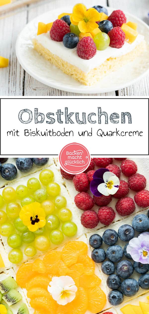 Diesen köstlichen Biskuit-Obstkuchen vom Blech mit bunten, frischen Früchten zu belegen macht richtig Spaß! Der gemischte Obstkuchen mit Quark ist ein köstlicher Hingucker und sorgt dabei für sommerliche Stimmung. #obstkuchen #obstkuchenboden #obst #biskuit #biskuitboden #sommer #backenmachtglücklich