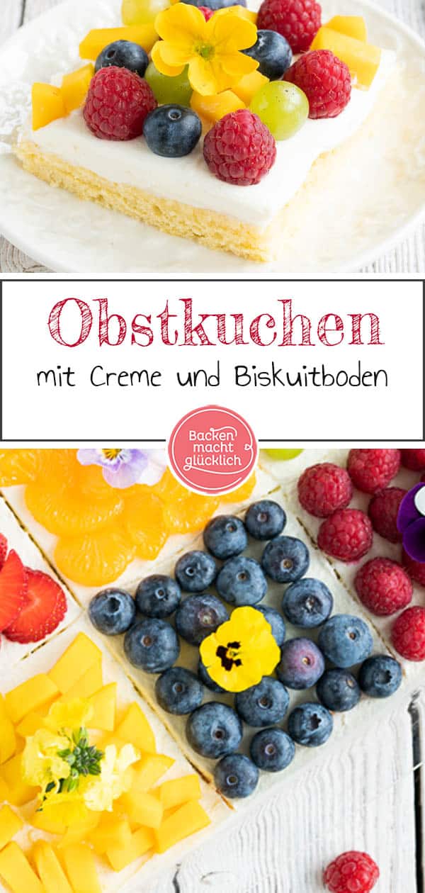 Diesen köstlichen Biskuit-Obstkuchen vom Blech mit bunten, frischen Früchten zu belegen macht richtig Spaß! Der gemischte Obstkuchen mit Quark ist ein köstlicher Hingucker und sorgt dabei für sommerliche Stimmung. #obstkuchen #obstkuchenboden #obst #biskuit #biskuitboden #sommer #backenmachtglücklich