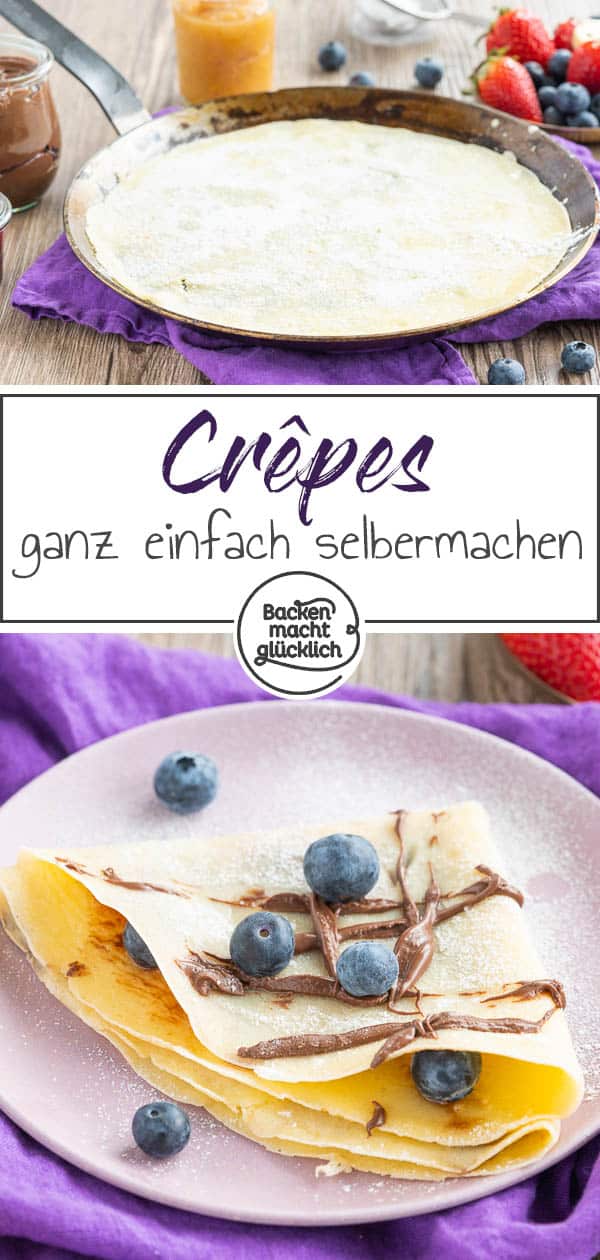 Das leckere Rezept für Crêpes-Teig lässt sich ganz einfach zu Hause nachmachen. Damit könnt ihr perfekte Crêpes wie vom Jahrmarkt auf den Küchentisch zaubern – ganz egal, ob mit frischen Früchten, Schokolade oder Marmelade. #crepes #crepesrezept #crepesrezeptteig #backenmachtglücklich