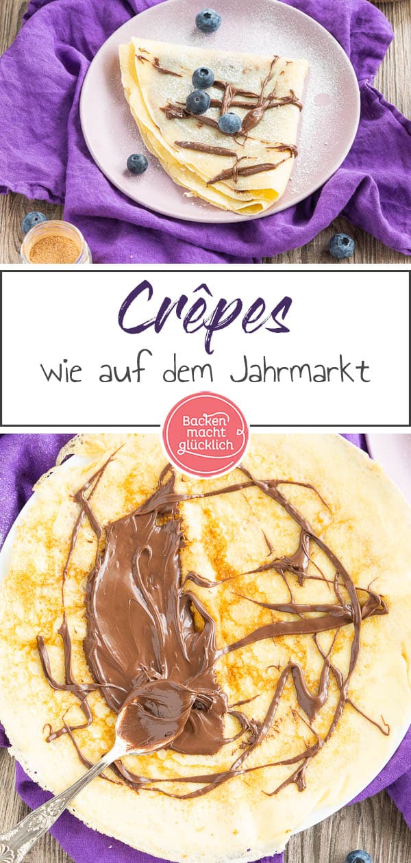 Das leckere Rezept für Crêpes-Teig lässt sich ganz einfach zu Hause nachmachen. Damit könnt ihr perfekte Crêpes wie vom Jahrmarkt auf den Küchentisch zaubern – ganz egal, ob mit frischen Früchten, Schokolade oder Marmelade. #crepes #crepesrezept #crepesrezeptteig #backenmachtglücklich