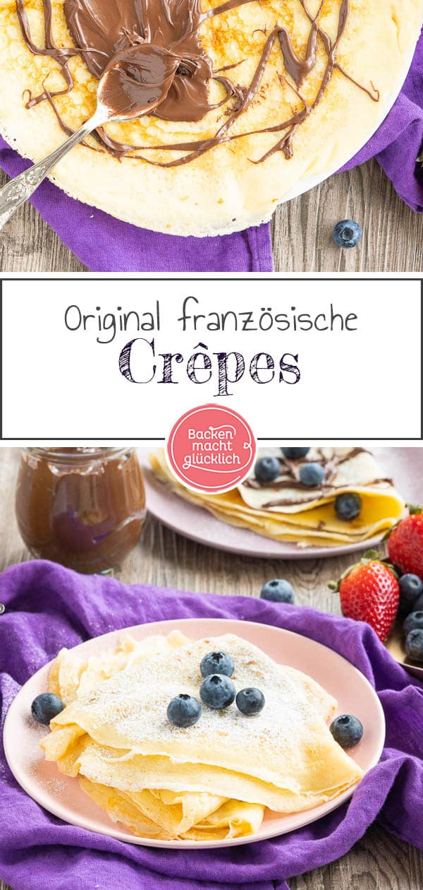 Das leckere Rezept für Crêpes-Teig lässt sich ganz einfach zu Hause nachmachen. Damit könnt ihr perfekte Crêpes wie vom Jahrmarkt auf den Küchentisch zaubern – ganz egal, ob mit frischen Früchten, Schokolade oder Marmelade. #crepes #crepesrezept #crepesrezeptteig #backenmachtglücklich