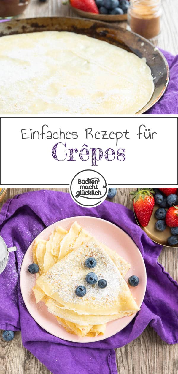 Das leckere Rezept für Crêpes-Teig lässt sich ganz einfach zu Hause nachmachen. Damit könnt ihr perfekte Crêpes wie vom Jahrmarkt auf den Küchentisch zaubern – ganz egal, ob mit frischen Früchten, Schokolade oder Marmelade. #crepes #crepesrezept #crepesrezeptteig #backenmachtglücklich