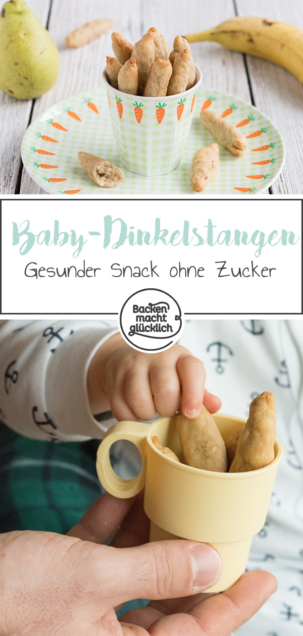 Einfaches Rezept für gesunde Dinkelstangen. Die schnellen Dinkelstangen eignen sich super als Snack für das Beikostalter. Die Babystangen bestehen nur aus guten Zutaten und sind zuckerfrei.