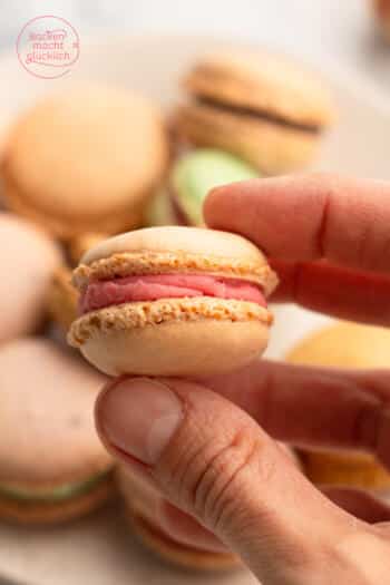 selbstgemachte französische Macarons mit rosa Ganache