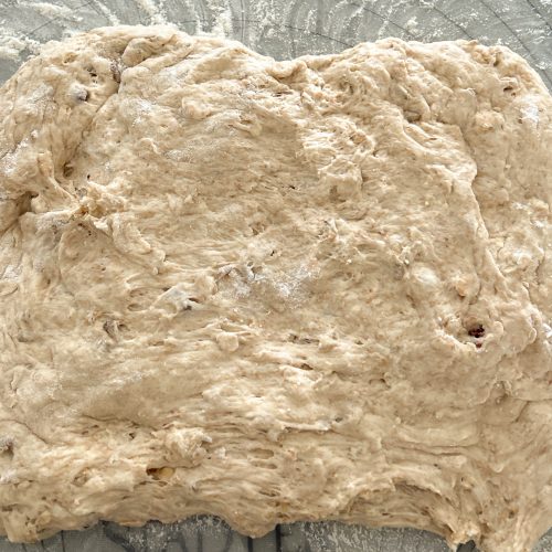 Ausgerollter Müsliteig mit Rosinen auf bemehlter Arbeitsfläche