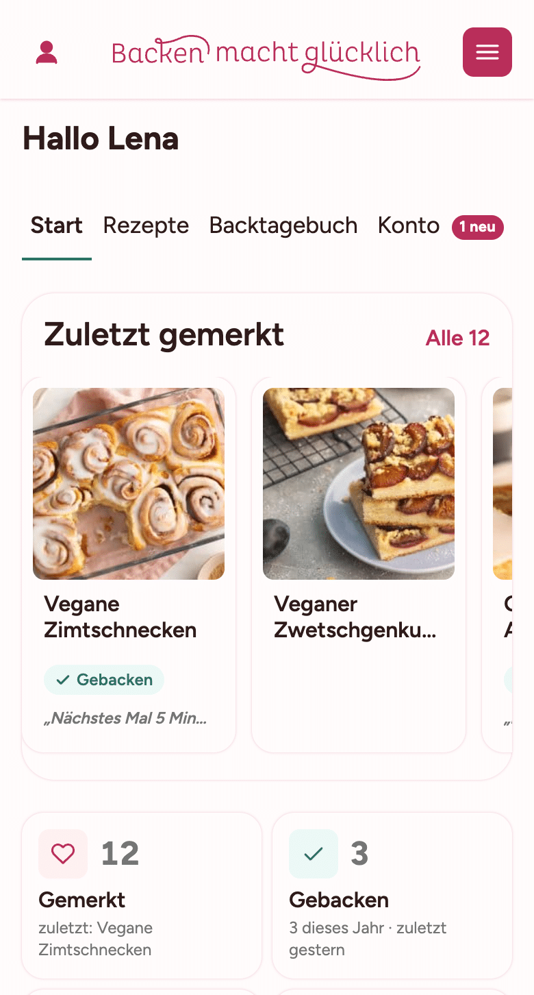 Das Leserkonto von Backen macht glücklich auf dem Handy: der Bereich Start mit zuletzt gemerkten Rezepten, Gebacken-Zähler und Backtagebuch