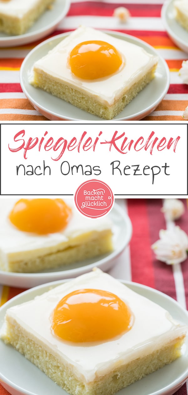 Dieser Spiegeleikuchen mit Aprikose oder Pfirsich sieht täuschend echt aus! Ein super Osterrezept vom Blech! Mit dem Spiegeleier-Kuchen macht ihr definitiv nichts falsch!