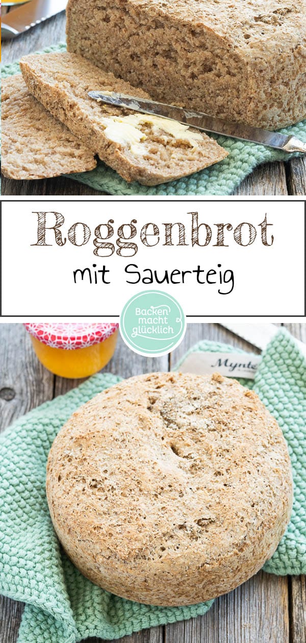 Dieses einfache Rezept für Roggenschrotbrot ist ideal für Anfänger im Bereich Brotbacken. Das Roggenbrot mit Hefe und Sauerteig schmeckt herrlich kernig und wunderbar herzhaft. #brotbacken #roggenbrot #roggenbrotmitsauerteig #sauerteigbrot #backenmachtglücklich