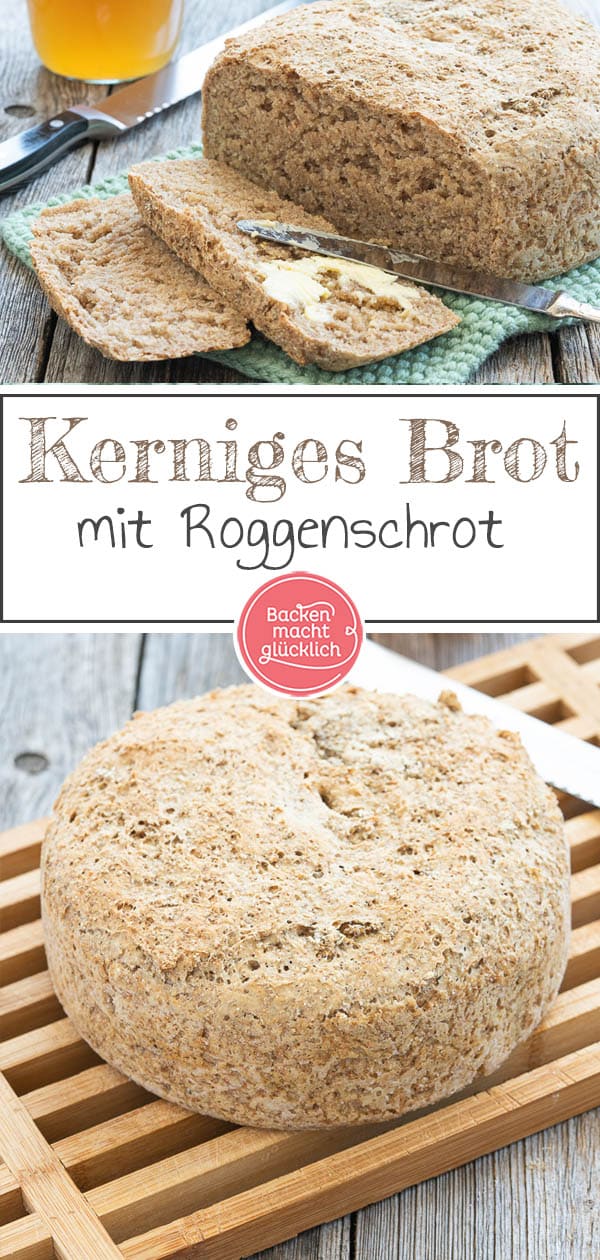 Dieses einfache Rezept für Roggenschrotbrot ist ideal für Anfänger im Bereich Brotbacken. Das Roggenbrot mit Hefe und Sauerteig schmeckt herrlich kernig und wunderbar herzhaft. #brotbacken #roggenbrot #roggenbrotmitsauerteig #sauerteigbrot #backenmachtglücklich