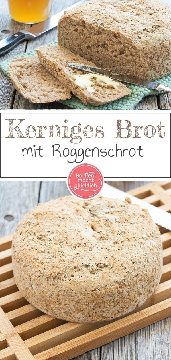 Dieses einfache Rezept für Roggenschrotbrot ist ideal für Anfänger im Bereich Brotbacken. Das Roggenbrot mit Hefe und Sauerteig schmeckt herrlich kernig und wunderbar herzhaft. #brotbacken #roggenbrot #roggenbrotmitsauerteig #sauerteigbrot #backenmachtglücklich