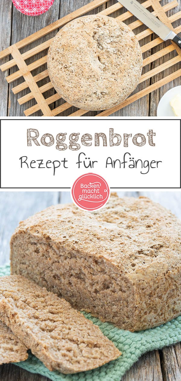 Dieses einfache Rezept für Roggenschrotbrot ist ideal für Anfänger im Bereich Brotbacken. Das Roggenbrot mit Hefe und Sauerteig schmeckt herrlich kernig und wunderbar herzhaft. #brotbacken #roggenbrot #roggenbrotmitsauerteig #sauerteigbrot #backenmachtglücklich