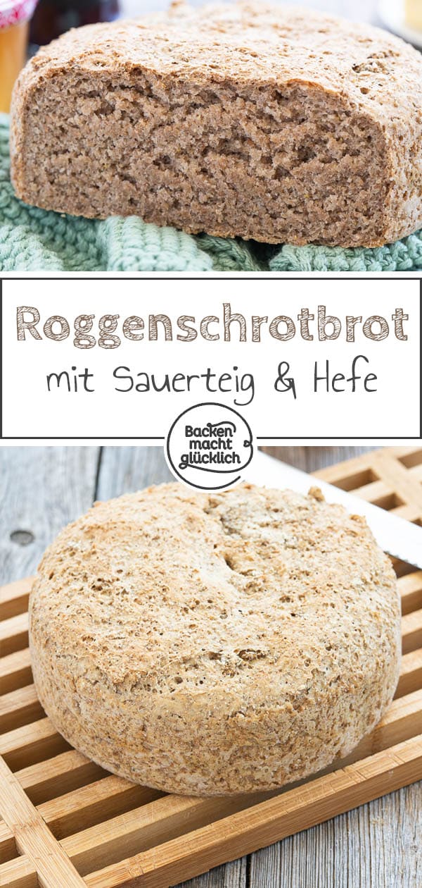 Dieses einfache Rezept für Roggenschrotbrot ist ideal für Anfänger im Bereich Brotbacken. Das Roggenbrot mit Hefe und Sauerteig schmeckt herrlich kernig und wunderbar herzhaft. #brotbacken #roggenbrot #roggenbrotmitsauerteig #sauerteigbrot #backenmachtglücklich