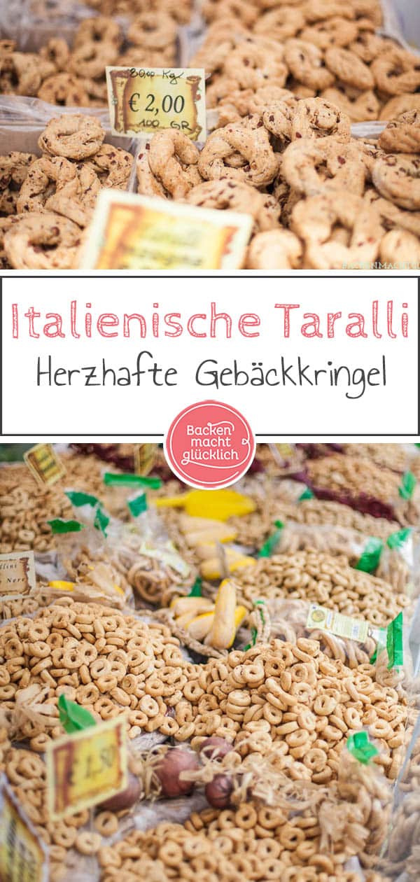 Kennt ihr schon die herzhaften italienischen Taralli pugliesi? Das herzhafte Knabbergebäck aus Italien versetzt einen sofort in echte Urlaubsstimmung. Ein toller Snack für Zwischendurch oder auf Feiern. #Italien #Tarallipugliesi #taralli #snacks #herzhaft #backenmachtglücklich