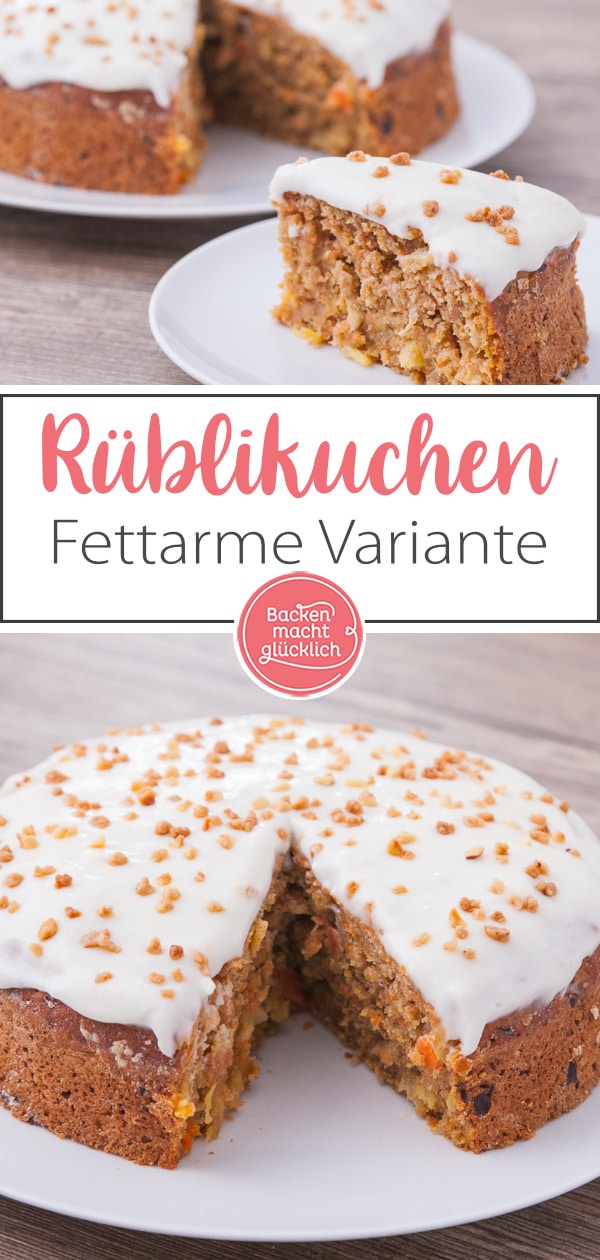 Sehr saftiger, fettarmer Rüblikuchen ohne Nüsse - so lecker kann ein kalorienarmer und zuckerfreier Möhrenkuchen sein!