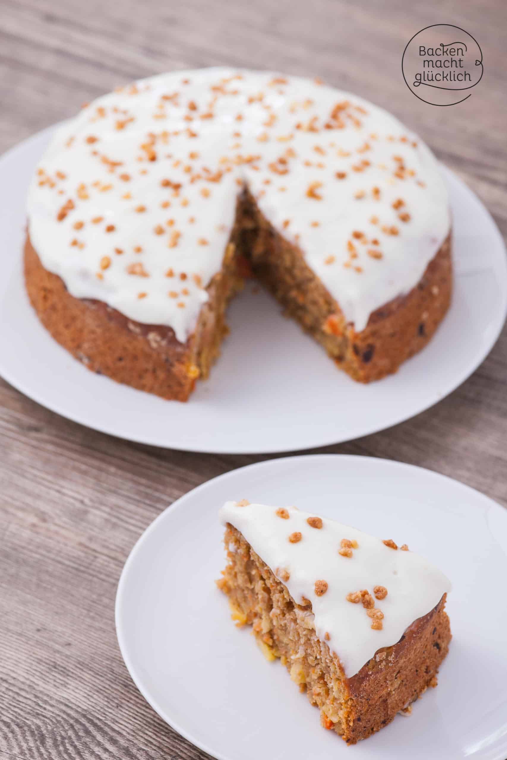 Sehr saftiger, fettarmer Rüblikuchen ohne Nüsse - so lecker kann ein kalorienarmer und zuckerfreier Möhrenkuchen sein!