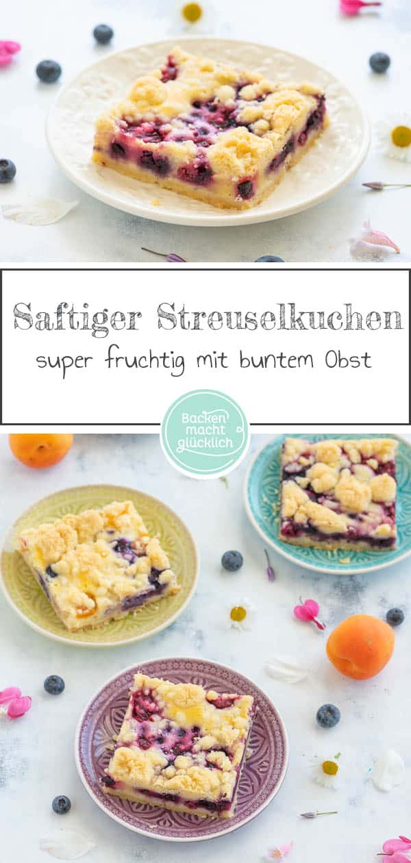 Mit dem saftigen Obst-Streusel-Kuchen vom Blech holt ihr euch einen echt köstlichen Klassiker ins Haus! Allein, wenn ich schon wieder an die knusprigen Butter-Streusel denk läuft mir das Wasser im Mund zusammen. Dieser himmlische Blechkuchen mit Obst und Streuseln kommt einfach immer gut an! #streusel #streuselkuchen #obst #obstkuchen #blechkuchen #backenmachtglücklich