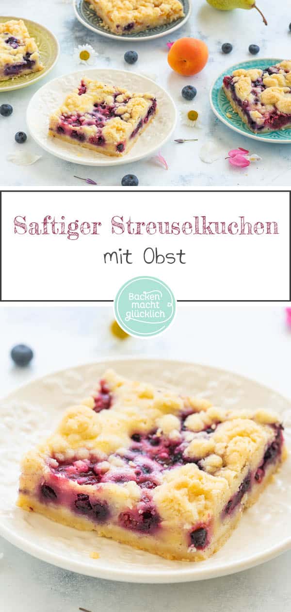 Mit dem saftigen Obst-Streusel-Kuchen vom Blech holt ihr euch einen echt köstlichen Klassiker ins Haus! Allein, wenn ich schon wieder an die knusprigen Butter-Streusel denk läuft mir das Wasser im Mund zusammen. Dieser himmlische Blechkuchen mit Obst und Streuseln kommt einfach immer gut an! #streusel #streuselkuchen #obst #obstkuchen #blechkuchen #backenmachtglücklich