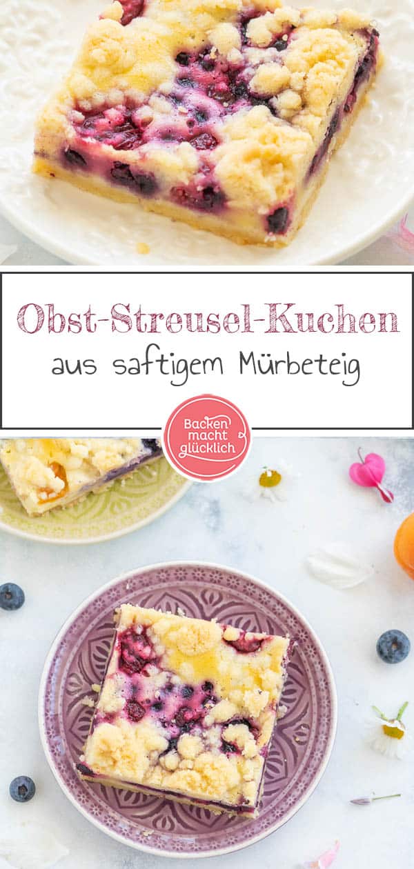 Mit dem saftigen Obst-Streusel-Kuchen vom Blech holt ihr euch einen echt köstlichen Klassiker ins Haus! Allein, wenn ich schon wieder an die knusprigen Butter-Streusel denk läuft mir das Wasser im Mund zusammen. Dieser himmlische Blechkuchen mit Obst und Streuseln kommt einfach immer gut an! #streusel #streuselkuchen #obst #obstkuchen #blechkuchen #backenmachtglücklich