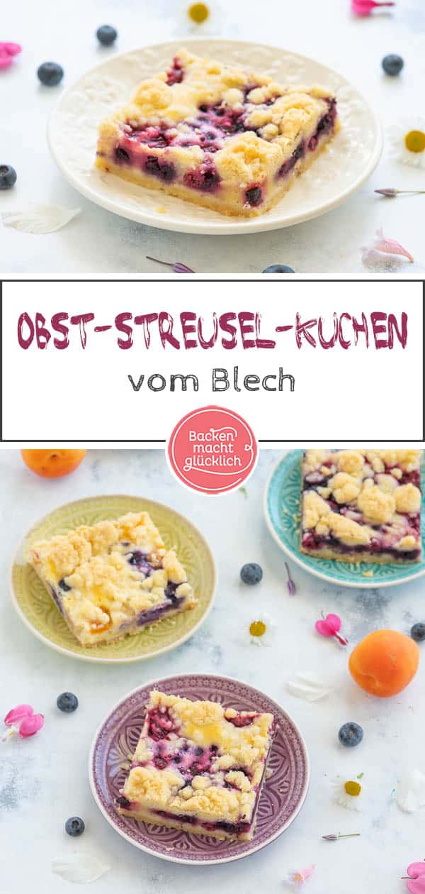 Mit dem saftigen Obst-Streusel-Kuchen vom Blech holt ihr euch einen echt köstlichen Klassiker ins Haus! Allein, wenn ich schon wieder an die knusprigen Butter-Streusel denk läuft mir das Wasser im Mund zusammen. Dieser himmlische Blechkuchen mit Obst und Streuseln kommt einfach immer gut an! #streusel #streuselkuchen #obst #obstkuchen #blechkuchen #backenmachtglücklich