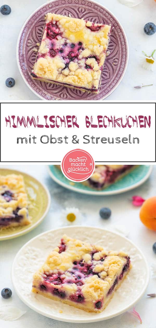 Mit dem saftigen Obst-Streusel-Kuchen vom Blech holt ihr euch einen echt köstlichen Klassiker ins Haus! Allein, wenn ich schon wieder an die knusprigen Butter-Streusel denk läuft mir das Wasser im Mund zusammen. Dieser himmlische Blechkuchen mit Obst und Streuseln kommt einfach immer gut an! #streusel #streuselkuchen #obst #obstkuchen #blechkuchen #backenmachtglücklich