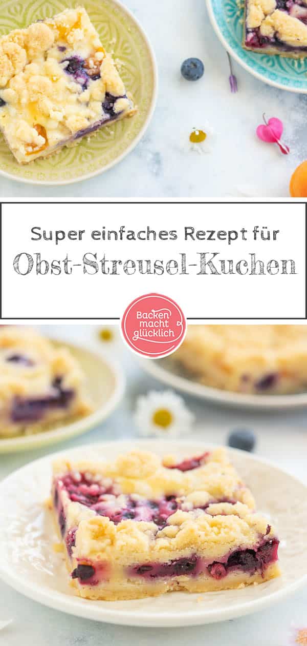 Mit dem saftigen Obst-Streusel-Kuchen vom Blech holt ihr euch einen echt köstlichen Klassiker ins Haus! Allein, wenn ich schon wieder an die knusprigen Butter-Streusel denk läuft mir das Wasser im Mund zusammen. Dieser himmlische Blechkuchen mit Obst und Streuseln kommt einfach immer gut an! #streusel #streuselkuchen #obst #obstkuchen #blechkuchen #backenmachtglücklich