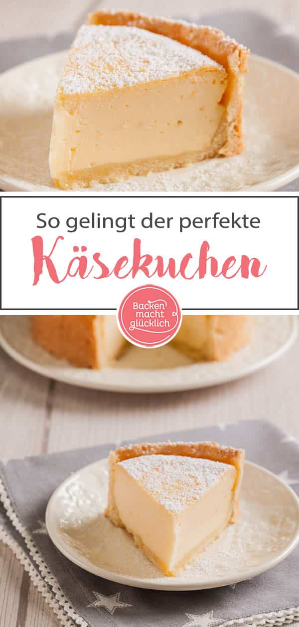 Lust auf einen leckeren Käsekuchen mit cremiger Quarkmasse und mürbem Boden? Mit diesem Klassiker Rezept gelingt der Käsekuchen garantiert. #käsekuchen #klassiker #käsekuchenrezept #backenmachtglücklich