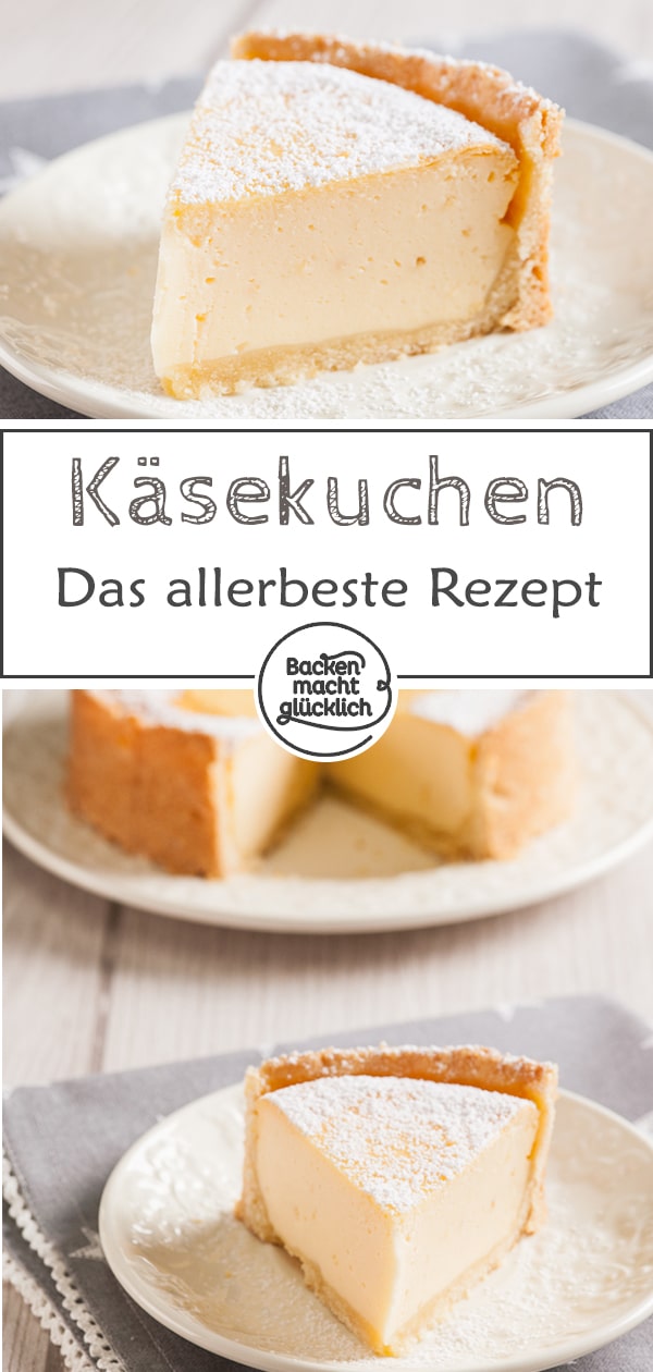 Lust auf einen leckeren Käsekuchen mit cremiger Quarkmasse und mürbem Boden? Mit diesem Klassiker Rezept gelingt der Käsekuchen garantiert. #käsekuchen #klassiker #käsekuchenrezept #backenmachtglücklich