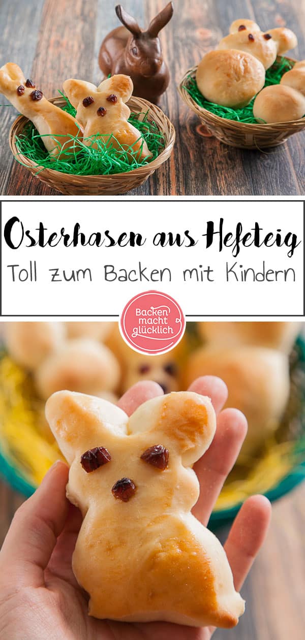 Diese Osterhasen aus gelingsicherem Hefeteig eignen sich wunderbar fürs gemeinsame Backen mit der Familie. Die Hefehasen schmecken garantiert allen.