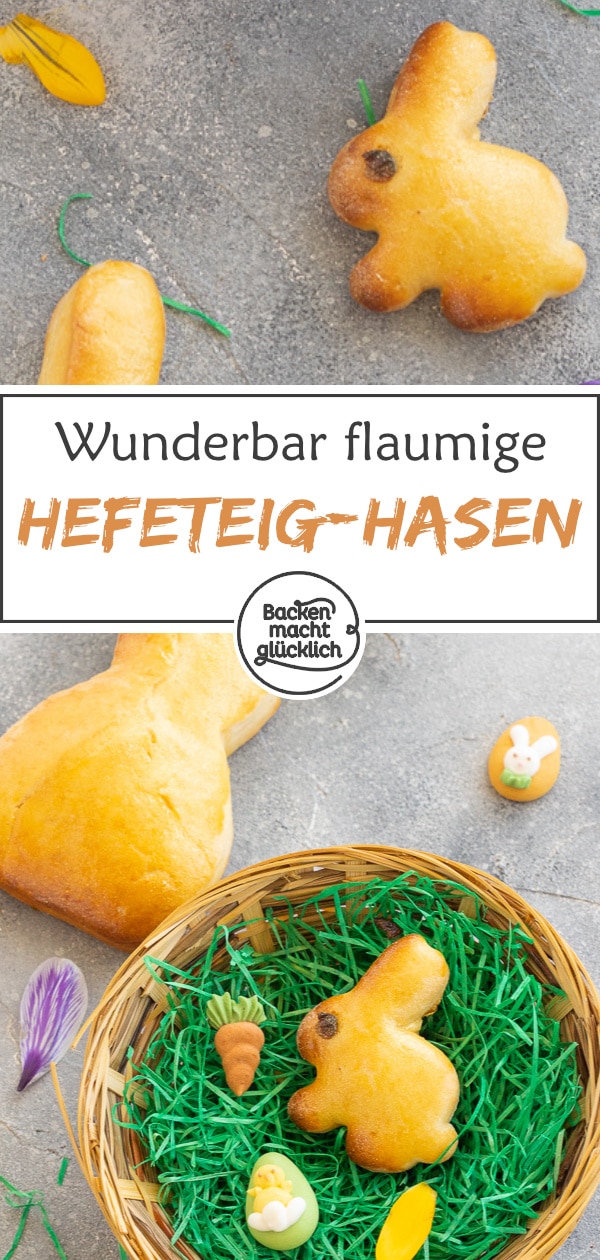 Diese Osterhasen aus gelingsicherem Hefeteig eignen sich wunderbar fürs gemeinsame Backen mit der Familie. Die Hefehasen schmecken garantiert allen.