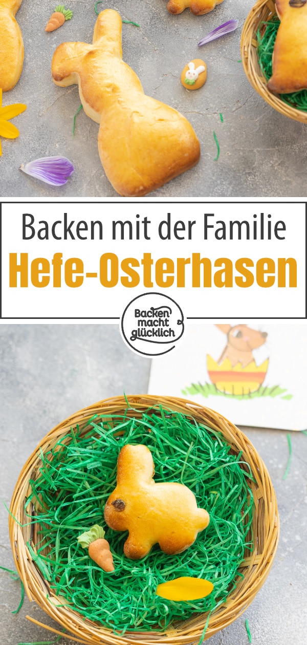 Diese Osterhasen aus gelingsicherem Hefeteig eignen sich wunderbar fürs gemeinsame Backen mit der Familie. Die Hefehasen schmecken garantiert allen.