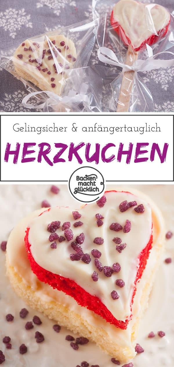 Kinderleichtes Rührteig-Rezept für kleine Herzkuchen, die man entweder wie Kekse nur mit etwas Kuvertüre bestreicht und hübsch dekoriert oder als Minikuchen am Stiel verschenken kann. Die kleinen Herzkuchen sind so oder so absolut geling sicher und anfängertauglich.