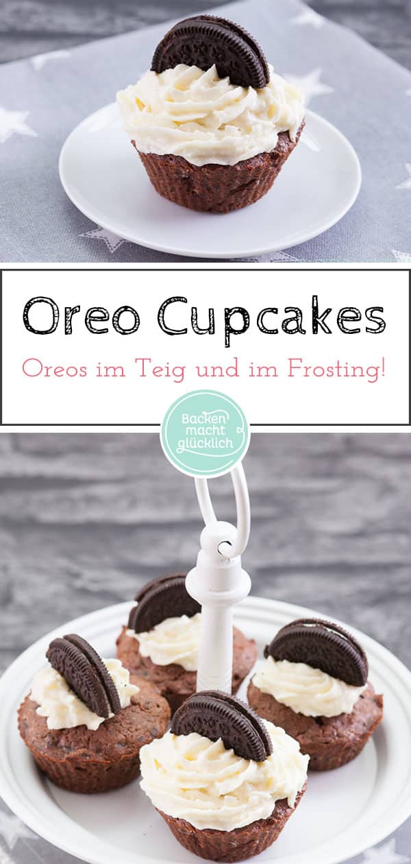 Oreo Cupcakes: Leckere Cupcakes mit den Kultkeksen im Teig und als Deko. Die köstlichen Oreo Cupcakes bekommen ein frisches Creamcheese-Frosting. Plus extra viel Schoko im Teig der Oreo Cupcakes.