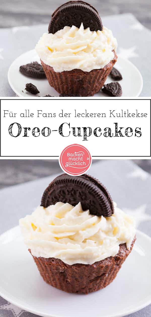 Oreo Cupcakes: Leckere Cupcakes mit den Kultkeksen im Teig und als Deko. Die köstlichen Oreo Cupcakes bekommen ein frisches Creamcheese-Frosting. Plus extra viel Schoko im Teig der Oreo Cupcakes.