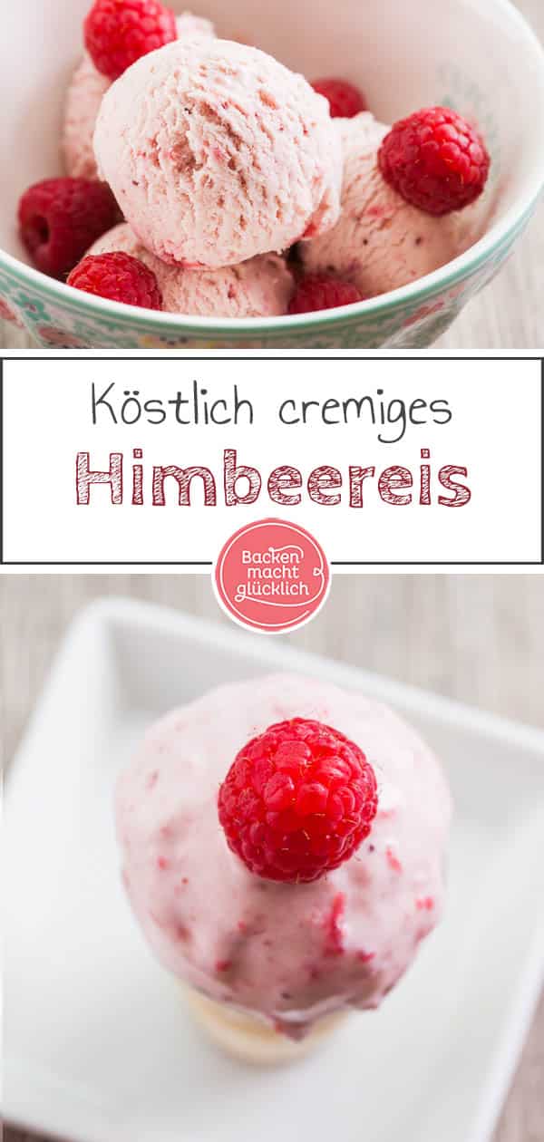 Leckere Himbeereiscreme wie aus der Eisdiele könnt ihr auch ganz einfach zu Hause machen. Dazu braucht ihr nicht mal eine Eismaschine. Dieses fruchtige, hausgemachte Himbeereis kommt einfach immer gut an! #eis #himbeereis #eiscreme #sommer #backenmachtglücklich