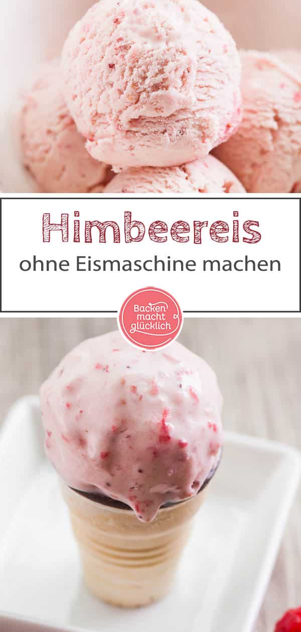 Leckere Himbeereiscreme wie aus der Eisdiele könnt ihr auch ganz einfach zu Hause machen. Dazu braucht ihr nicht mal eine Eismaschine. Dieses fruchtige, hausgemachte Himbeereis kommt einfach immer gut an! #eis #himbeereis #eiscreme #sommer #backenmachtglücklich