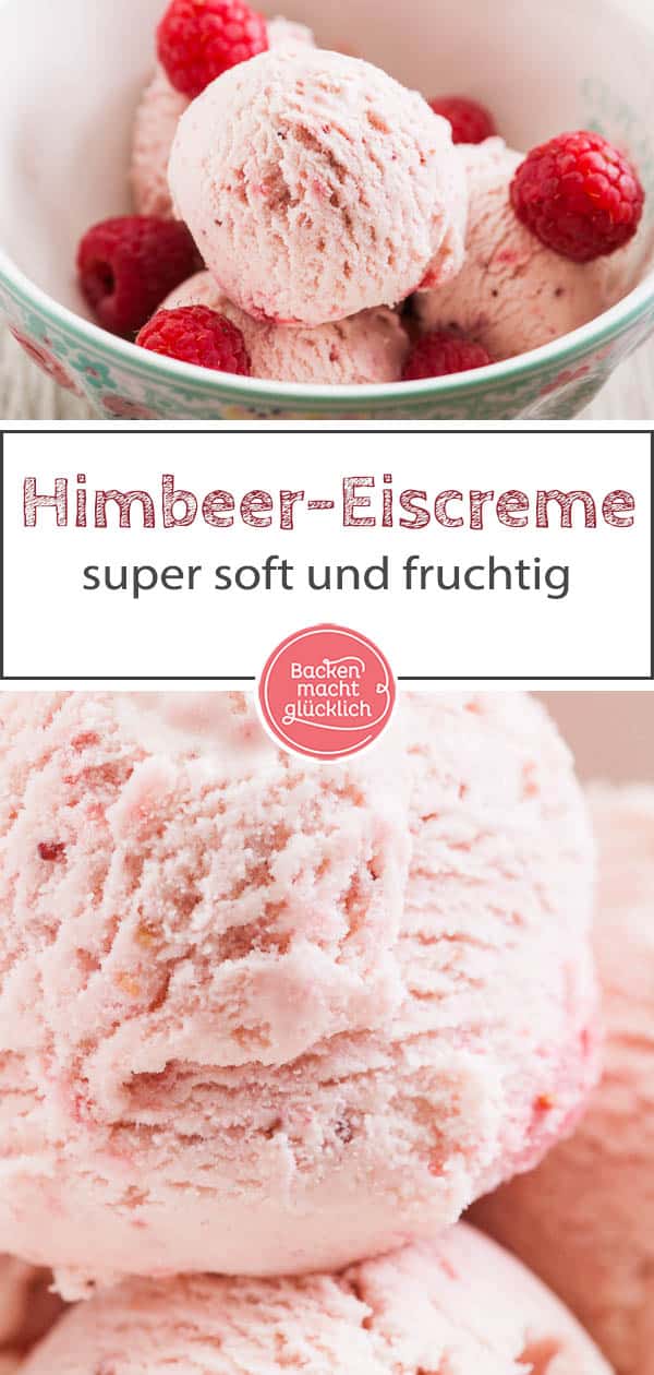 Leckere Himbeereiscreme wie aus der Eisdiele könnt ihr auch ganz einfach zu Hause machen. Dazu braucht ihr nicht mal eine Eismaschine. Dieses fruchtige, hausgemachte Himbeereis kommt einfach immer gut an! #eis #himbeereis #eiscreme #sommer #backenmachtglücklich