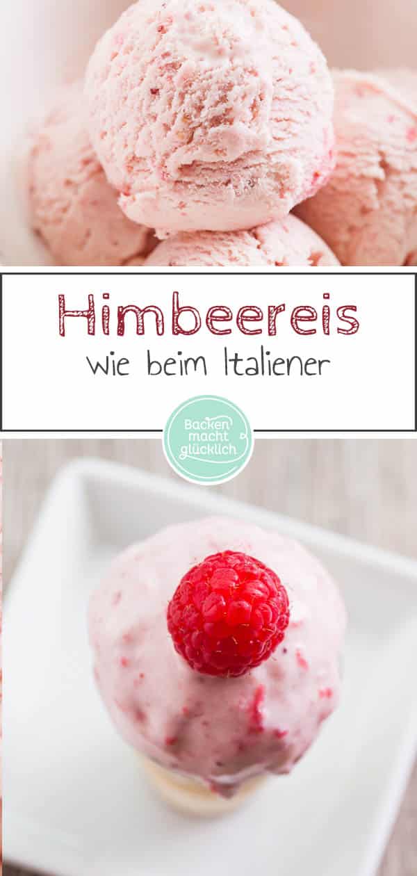 Leckere Himbeereiscreme wie aus der Eisdiele könnt ihr auch ganz einfach zu Hause machen. Dazu braucht ihr nicht mal eine Eismaschine. Dieses fruchtige, hausgemachte Himbeereis kommt einfach immer gut an! #eis #himbeereis #eiscreme #sommer #backenmachtglücklich