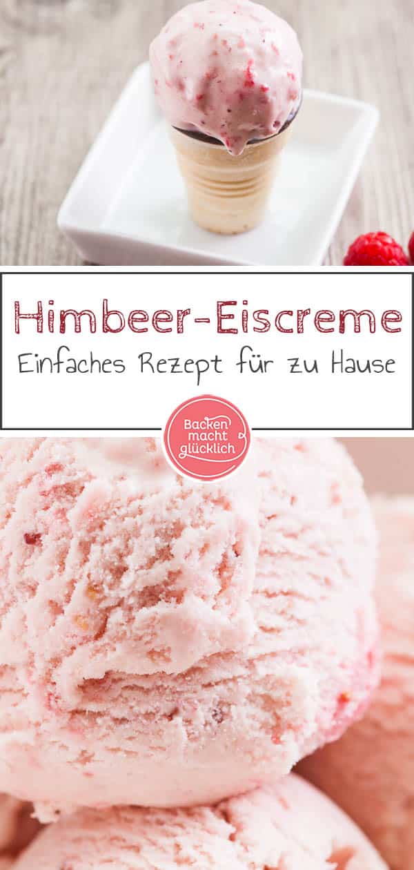 Leckere Himbeereiscreme wie aus der Eisdiele könnt ihr auch ganz einfach zu Hause machen. Dazu braucht ihr nicht mal eine Eismaschine. Dieses fruchtige, hausgemachte Himbeereis kommt einfach immer gut an! #eis #himbeereis #eiscreme #sommer #backenmachtglücklich