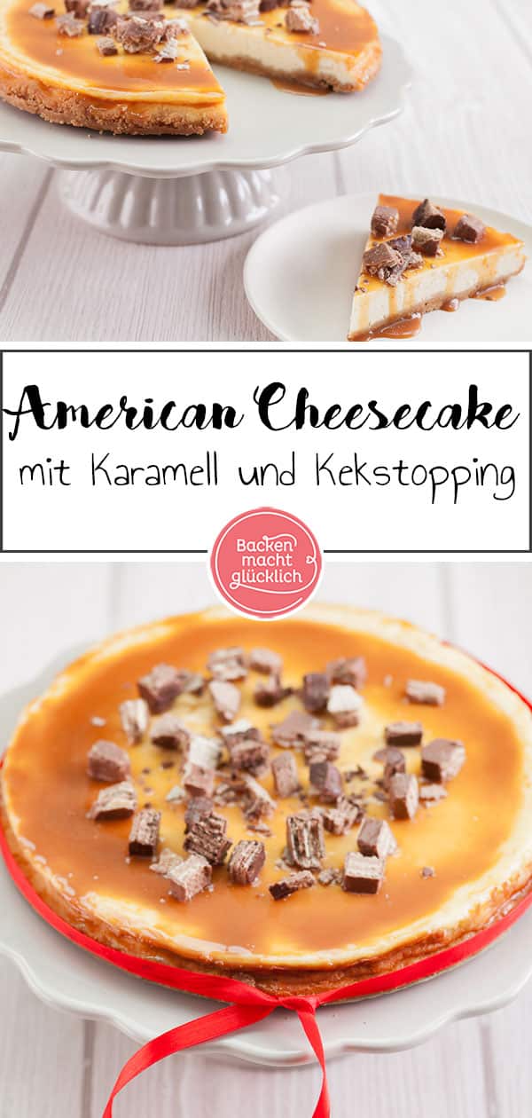 Tolles Rezept für einen perfekten amerikanischen Karamell Cheesecake. Der Käsekuchen mit Karamell und Kekstopping wird herrlich cremig, sahnig und kompakt – genau wie ein american Cheesecake sein soll.