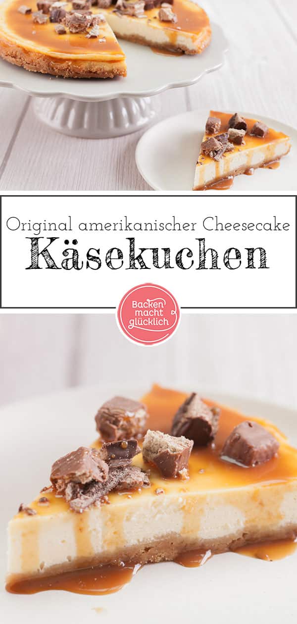 Tolles Rezept für einen perfekten amerikanischen Karamell Cheesecake. Der Käsekuchen mit Karamell und Kekstopping wird herrlich cremig, sahnig und kompakt – genau wie ein american Cheesecake sein soll.