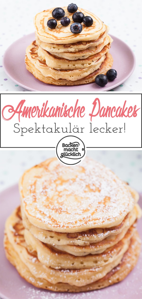 Diese Pancakes werden richtig schön fluffig, weich und dick. Das einfache Grundrezept für American Pancakes lässt sich wunderbar abwandeln. Die American Pancakes schmecken mit Sirup, Beeren, Schokolade und Co.