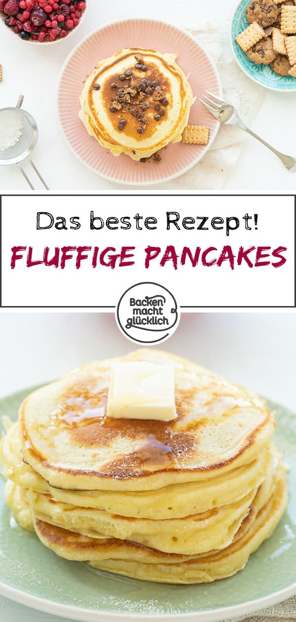 Diese Pancakes werden richtig schön fluffig, weich und dick. Das einfache Grundrezept für American Pancakes lässt sich wunderbar abwandeln. Die American Pancakes schmecken mit Sirup, Beeren, Schokolade und Co.