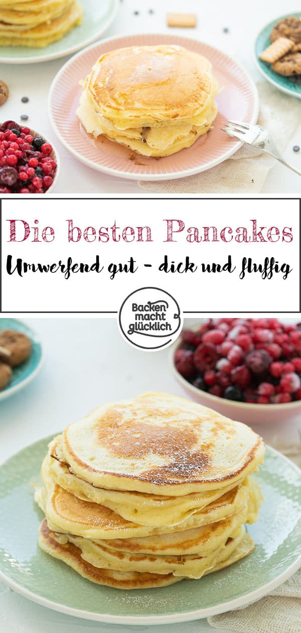 Diese Pancakes werden richtig schön fluffig, weich und dick. Das einfache Grundrezept für American Pancakes lässt sich wunderbar abwandeln. Die American Pancakes schmecken mit Sirup, Beeren, Schokolade und Co.