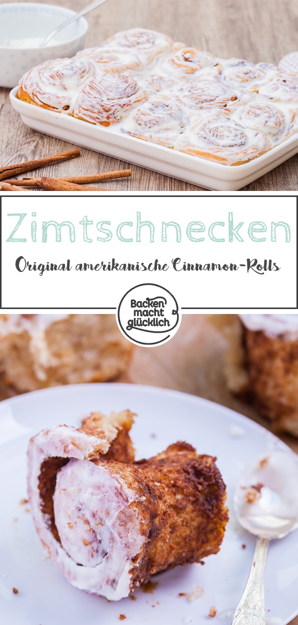 Original amerikanische Zimtschnecken, die wie für Cinnamon Rolls üblich besonders weich, üppig und saftig sind, und nach dem Backen mit einem Frischkäsefrosting bestrichen werden