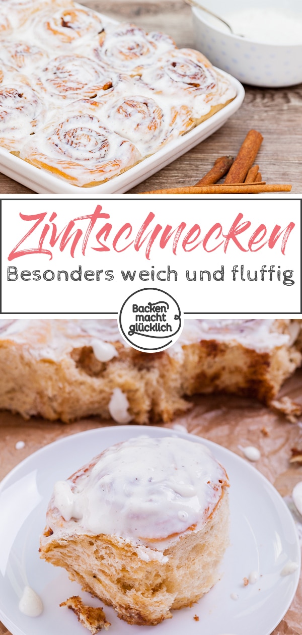 Original amerikanische Zimtschnecken, die wie für Cinnamon Rolls üblich besonders weich, üppig und saftig sind, und nach dem Backen mit einem Frischkäsefrosting bestrichen werden