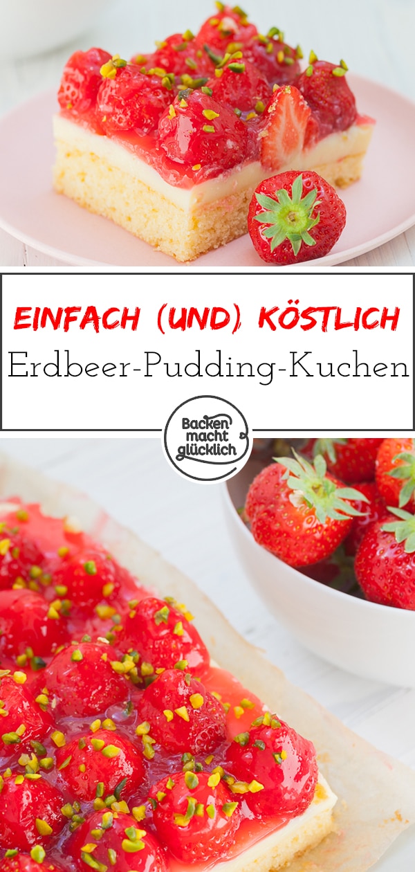 Der einfache Erdbeerkuchen vom Blech ist ein Klassiker, der immer gut ankommt: Auf einen saftigen Rührteigboden folgen eine Schicht Vanillepudding und ein Belag aus Erdbeeren und Guss. Der Erdbeer-Pudding-Kuchen schmeckt auch mit Biskuit lecker! #erdbeerkuchen #erdbeeren #erdbeerpuddingkuchen #sommer #backenmachtglücklich