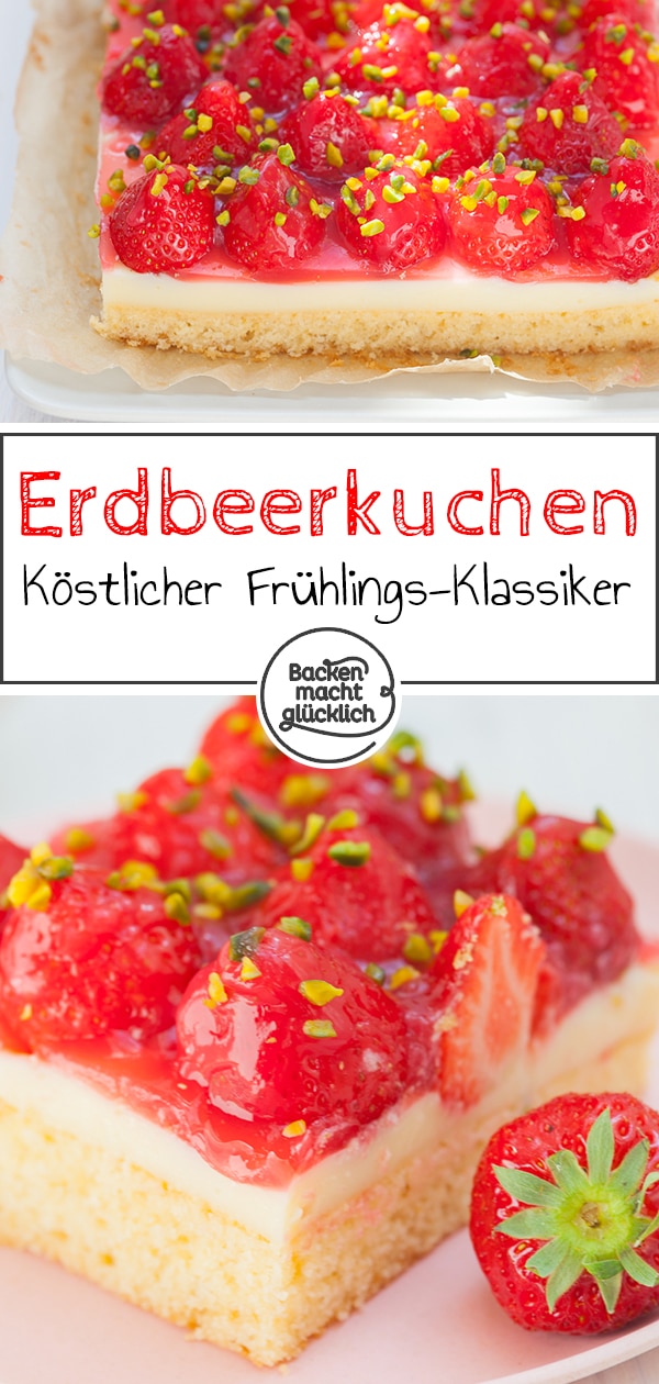 Der einfache Erdbeerkuchen vom Blech ist ein Klassiker, der immer gut ankommt: Auf einen saftigen Rührteigboden folgen eine Schicht Vanillepudding und ein Belag aus Erdbeeren und Guss. Der Erdbeer-Pudding-Kuchen schmeckt auch mit Biskuit lecker! #erdbeerkuchen #erdbeeren #erdbeerpuddingkuchen #sommer #backenmachtglücklich